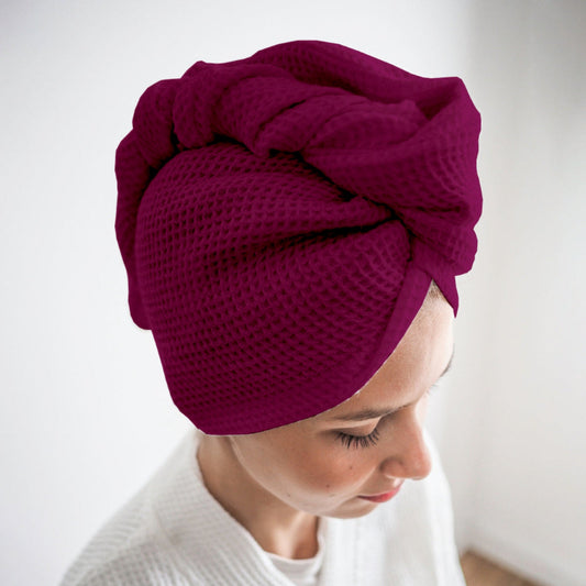 Wine cotton hair wrap towel worn after shower