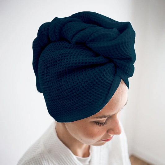Navy blue cotton hair wrap towel worn after shower
