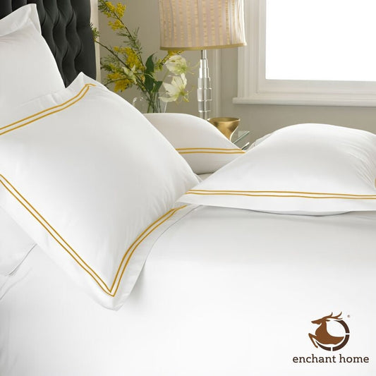 Pure Cotton 500 TC Premium Pillow Cover Set - White-Golden