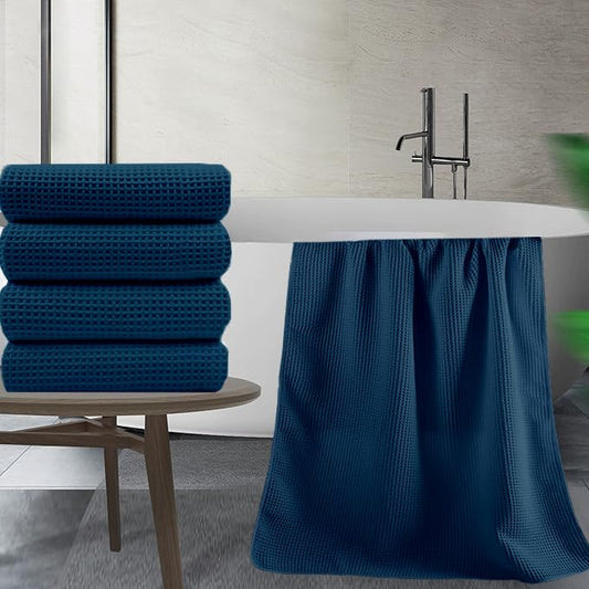 Navy blue cotton waffle bath towel weave close-up