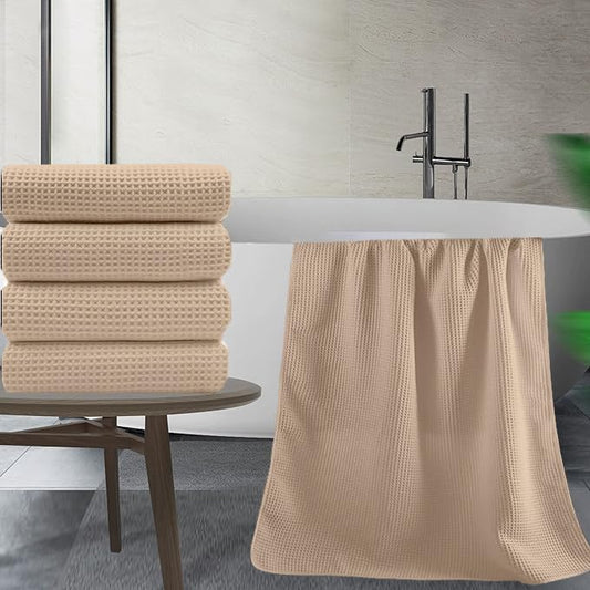 Beige cotton waffle bath towel weave close-up