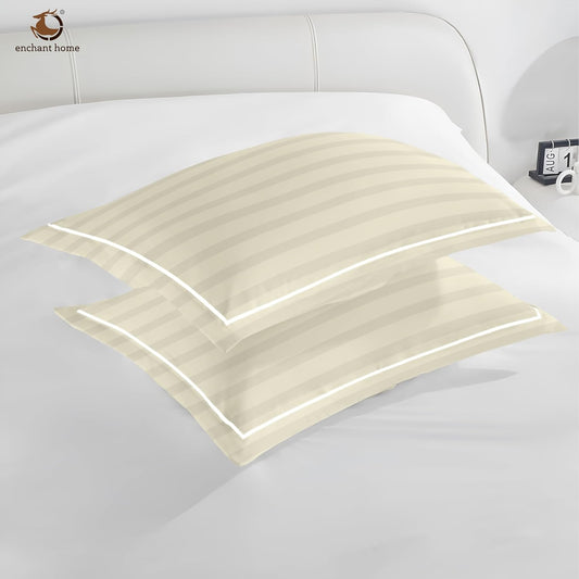 Pure Cotton 300 TC Striped Pillow Cover Set - Ivory