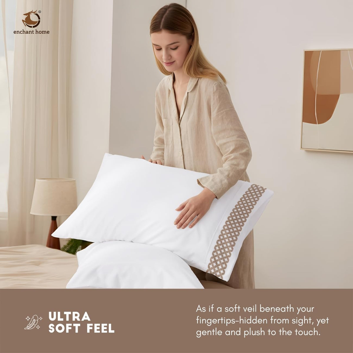 Pure Cotton 500 TC Embroidered Bag Type Pillow Cover Set - Beige Lattice