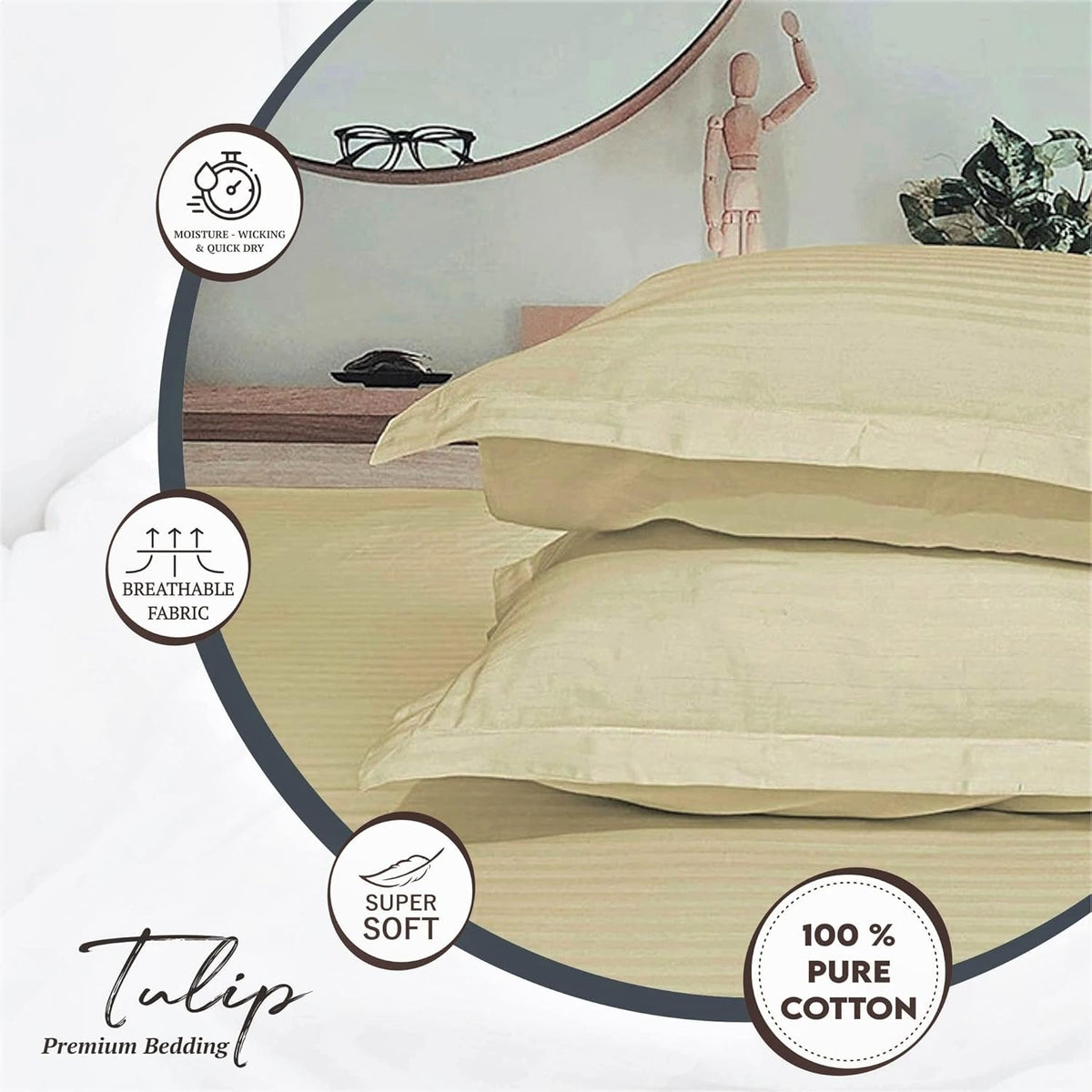 Pure Cotton Pillow Covers with Satin Stripe - Cream