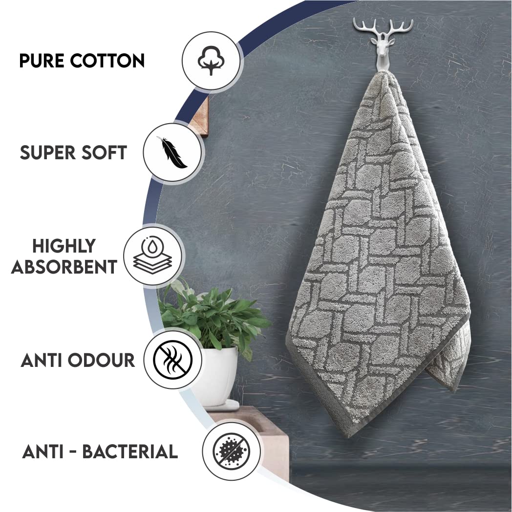 Pure Cotton Jacquard Hand Towels - Geometric silver