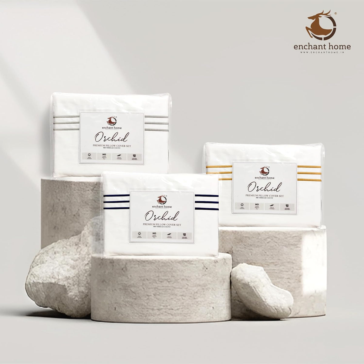 Pure Cotton 500 TC Premium Pillow Cover Set - White Triple Golden