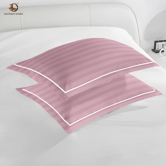 Pure Cotton 300 TC Striped Pillow Cover Set - Cameo Rose