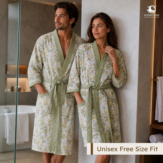 Premium Print Cotton Rich Waffle Robe for Men & Women - Sage Botanical