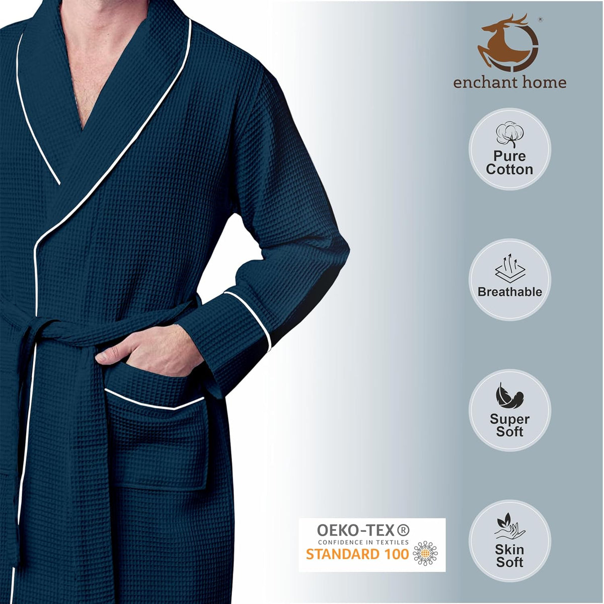Navy-silver piped waffle bathrobe folded view