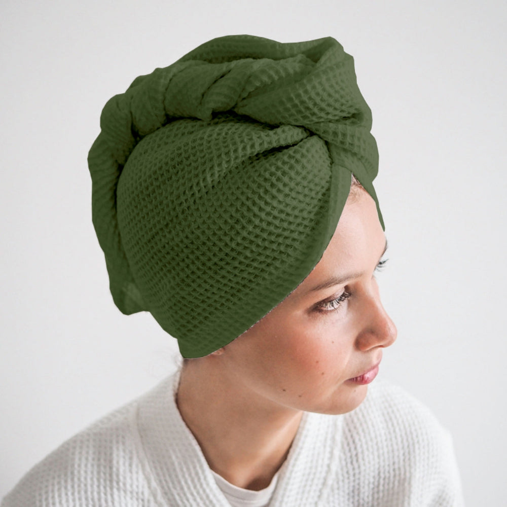 Pure cotton waffle hair wrap towel in sage green with button closure