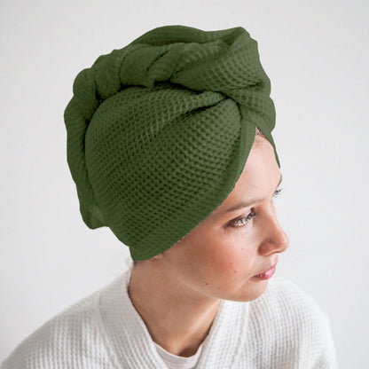 Pure cotton waffle hair wrap towel in sage green with button closure