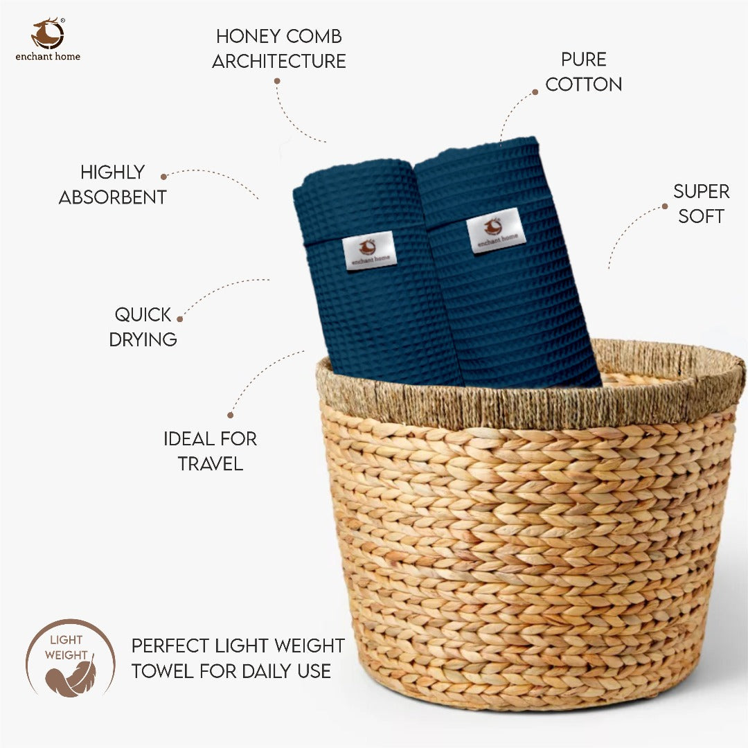 Navy blue cotton waffle hand towel texture detail