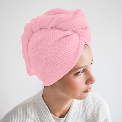 Pure cotton waffle hair wrap towel in pink with button closure