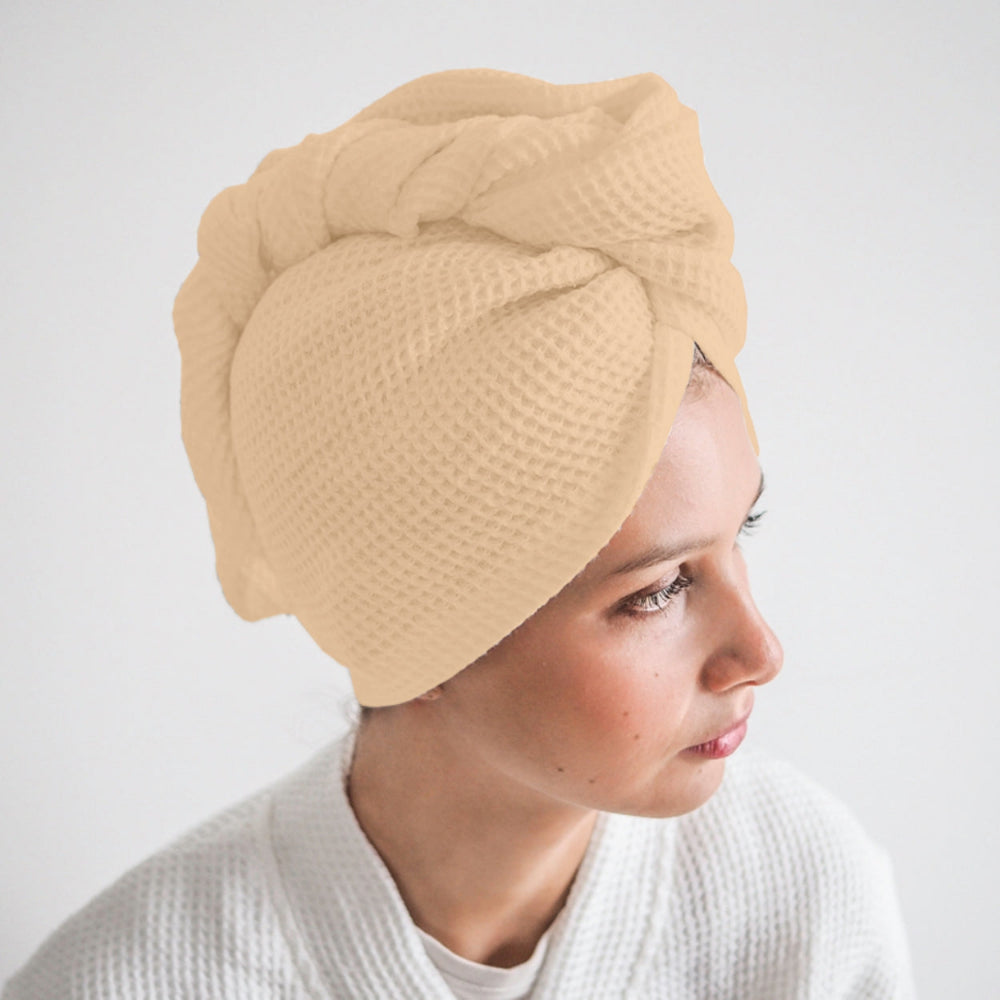Pure cotton waffle hair wrap towel in beige with button closure