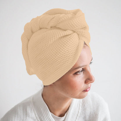 Pure cotton waffle hair wrap towel in beige with button closure