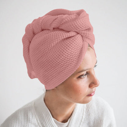 Pure cotton waffle hair wrap towel in peach with button closure