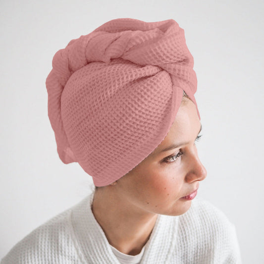 Pure cotton waffle hair wrap towel in peach with button closure