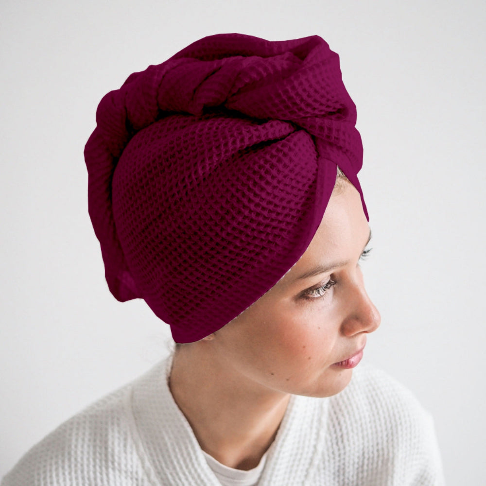 Pure cotton waffle hair wrap towel in wine with button closure