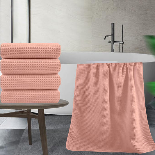 Peach cotton waffle bath towel weave close-up