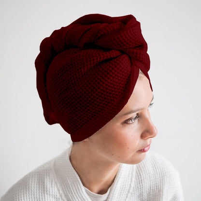 Pure cotton waffle hair wrap towel in maroon with button closure
