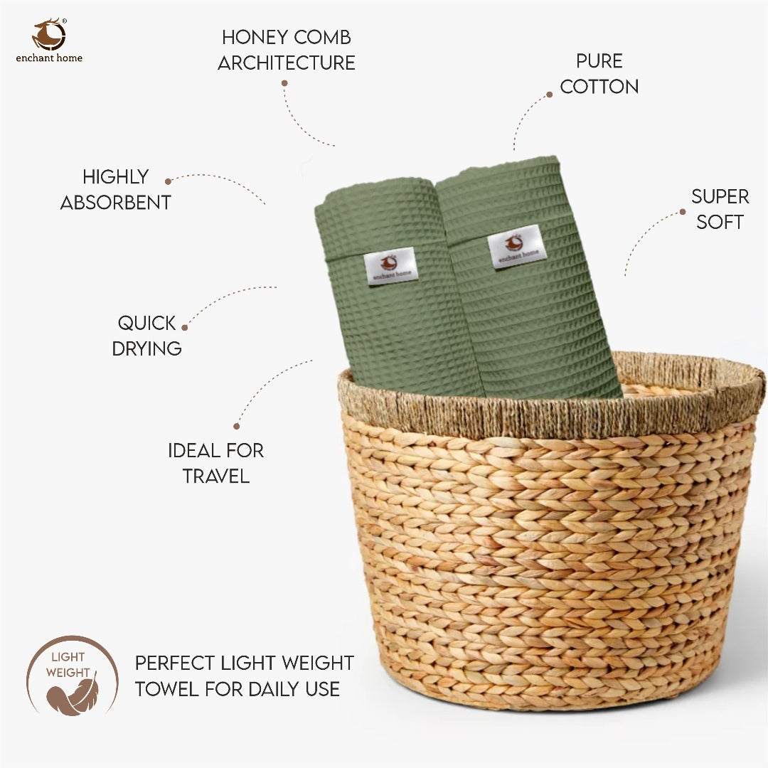 Sage green cotton waffle hand towel texture detail