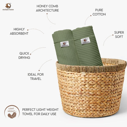 Sage green cotton waffle hand towel texture detail