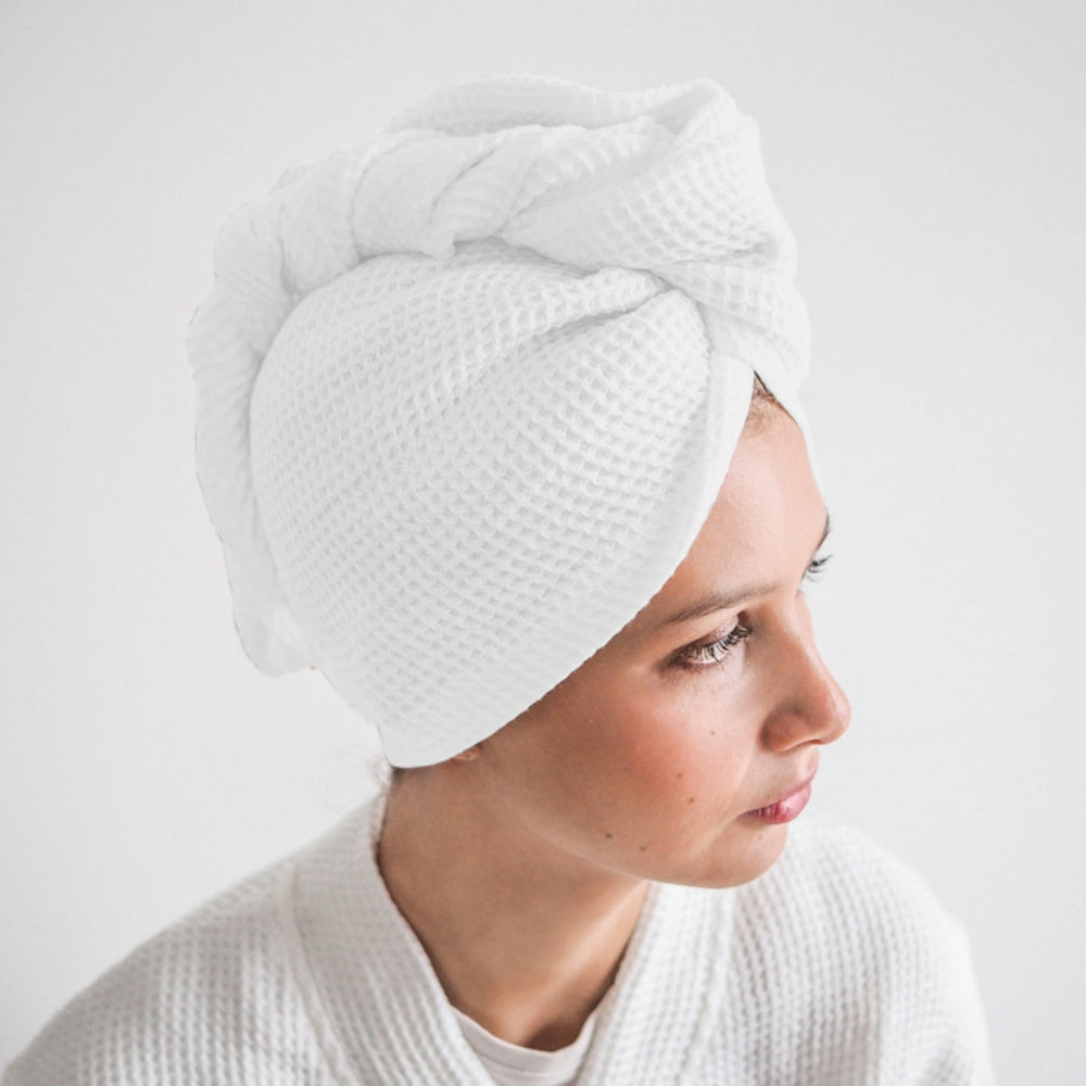 Pure cotton waffle hair wrap towel in white with button closure