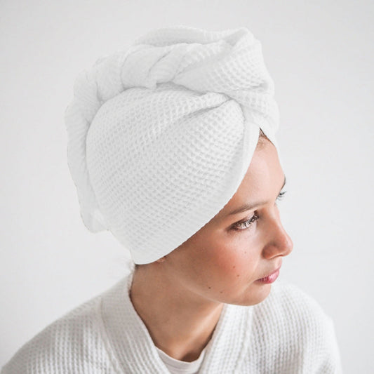 Pure cotton waffle hair wrap towel in white with button closure