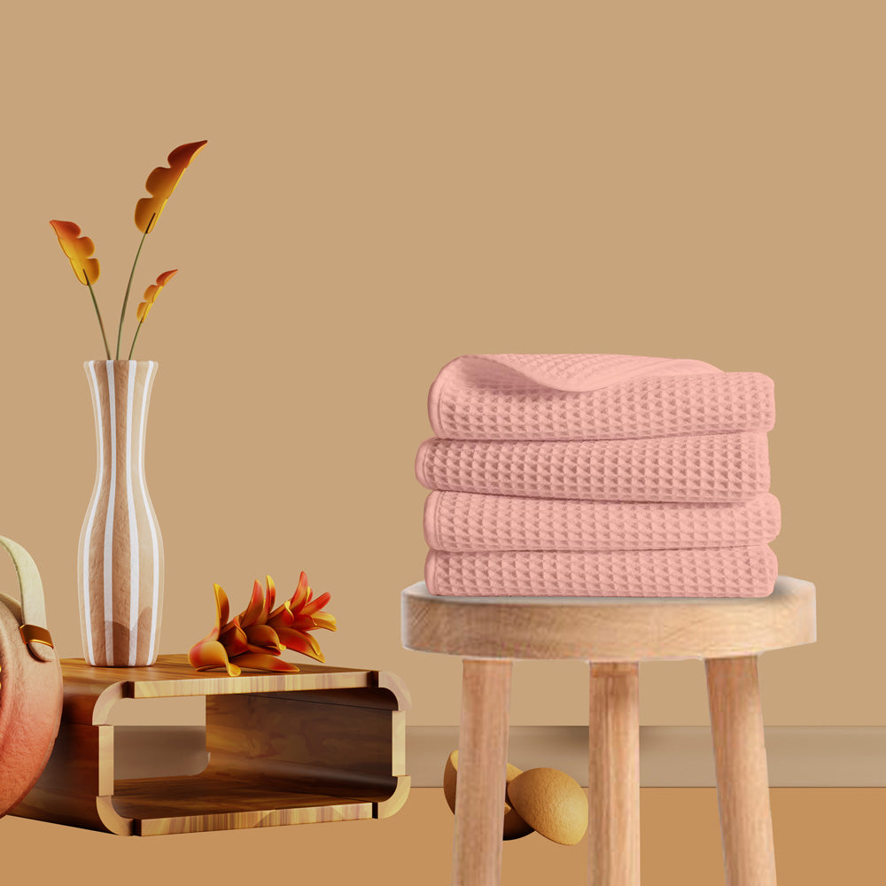 Peach cotton waffle hand towel weave close-up