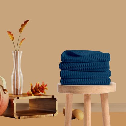 Navy blue cotton waffle hand towel weave close-up