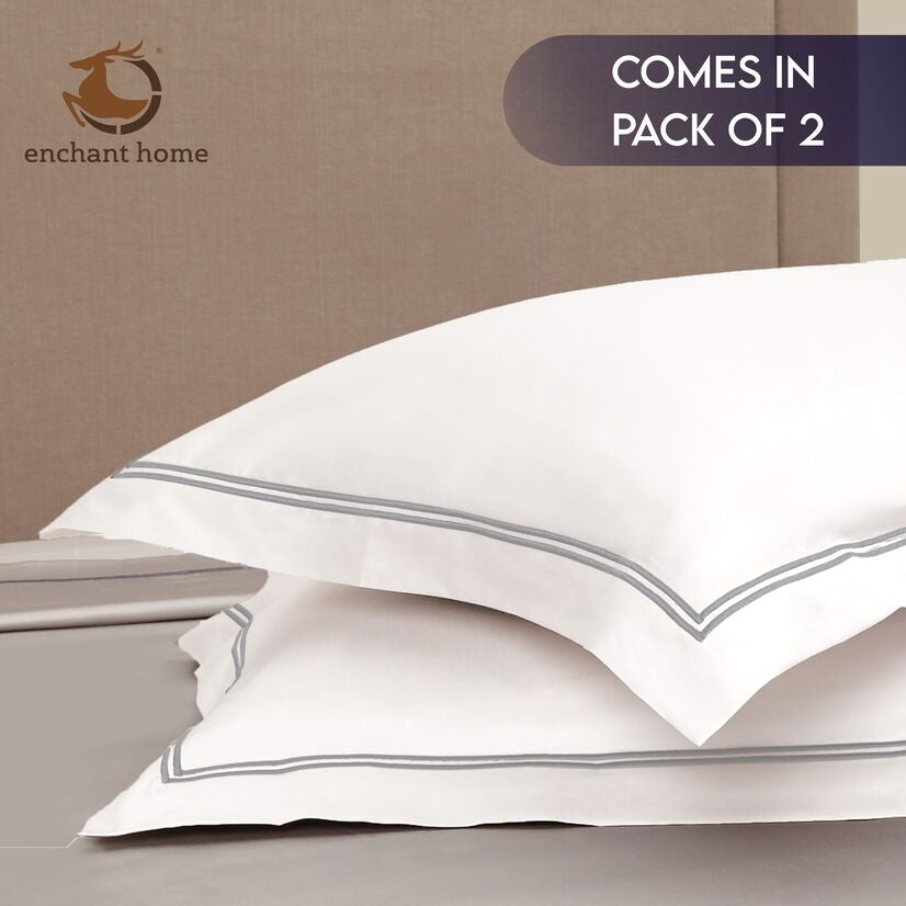 Pure Cotton 500 TC Premium Pillow Cover Set - White-Silver