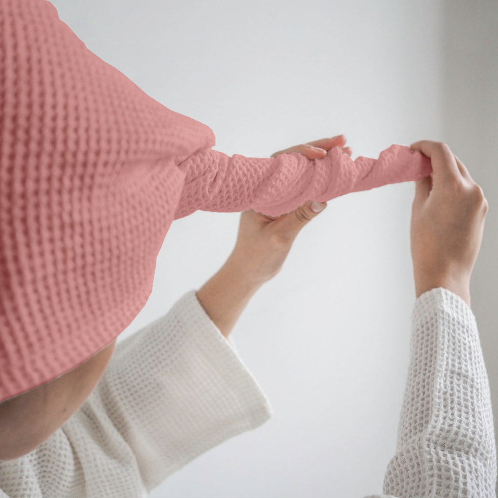 Peach waffle hair wrap towel twist and button detail