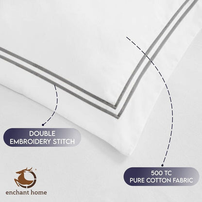 Pure Cotton 500 TC Premium Pillow Cover Set - White-Silver