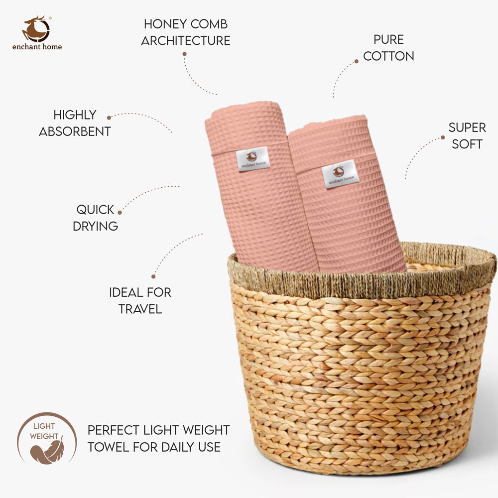 Peach cotton waffle bath towel texture detail