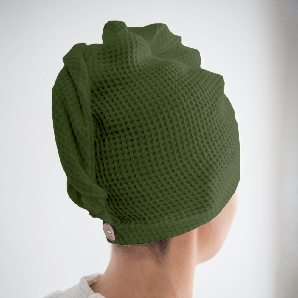 Sage green waffle hair wrap towel fabric close-up