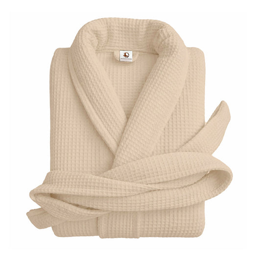 Pure cotton unisex waffle bathrobe in beige with shawl collar
