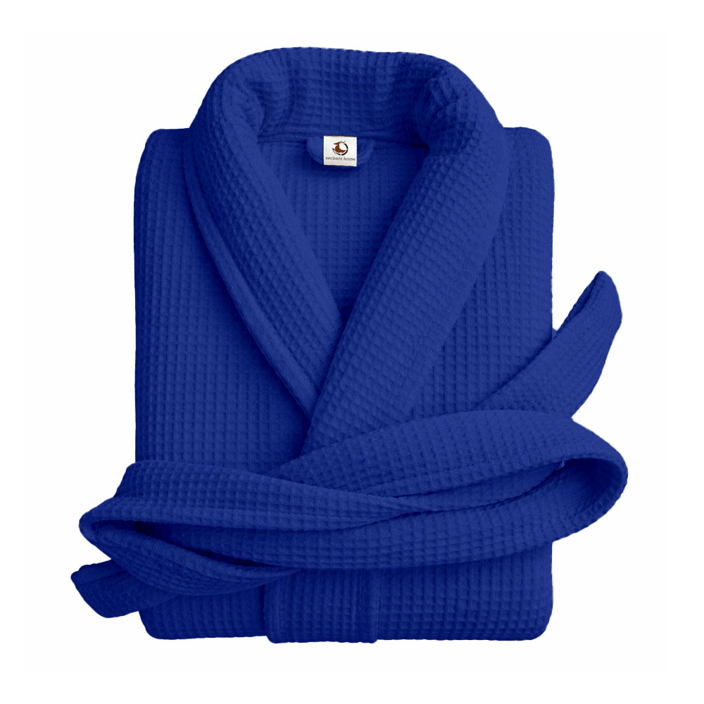 Pure cotton unisex waffle bathrobe in royal blue with shawl collar