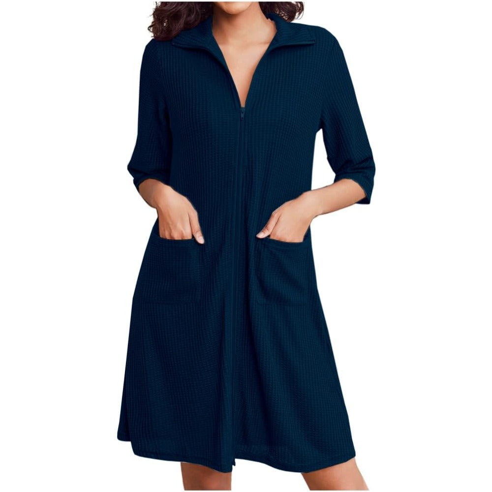 Navy blue waffle knit zipper bathrobe – view 7