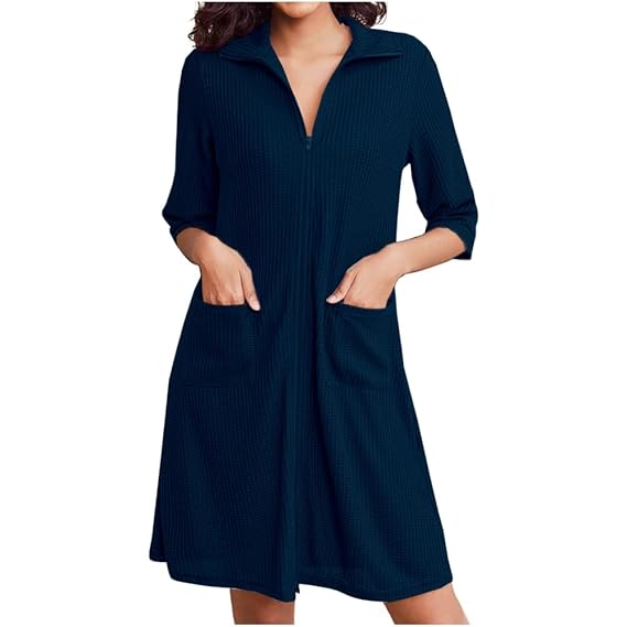 Pure cotton waffle knit zipper bathrobe for women in navy blue