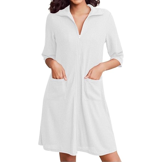 Pure cotton waffle knit zipper bathrobe for women in white