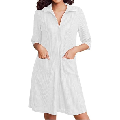 Pure cotton waffle knit zipper bathrobe for women in white