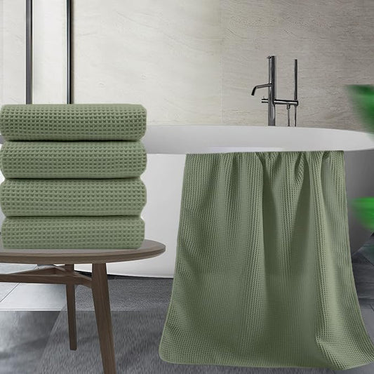 Sage green cotton waffle bath towel weave close-up