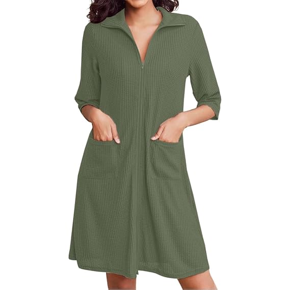 Pure cotton waffle knit zipper bathrobe for women in sage green