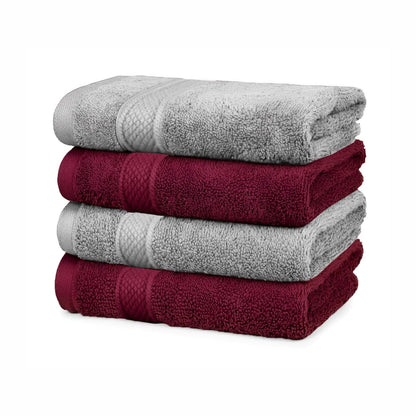 Pure cotton terry hand towel set in grey and burgundy, 15 x 23 inches