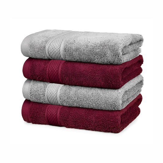 Pure cotton terry hand towel set in grey and burgundy, 15 x 23 inches