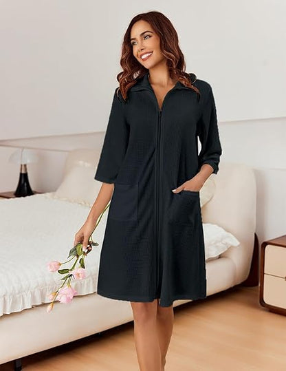 Charcoal zipper bathrobe collar and zip detail