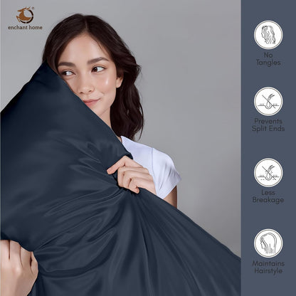 300 TC Art Silk Satin Pillow Cover Set - Navy Blue