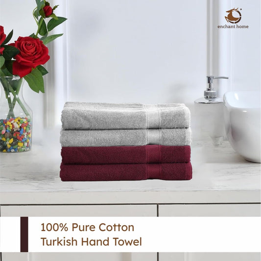 Pure Cotton Terry Hand Towel Set (15" x 23", Grey and Burgundy)
