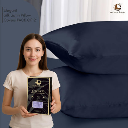 300 TC Art Silk Satin Pillow Cover Set - Navy Blue