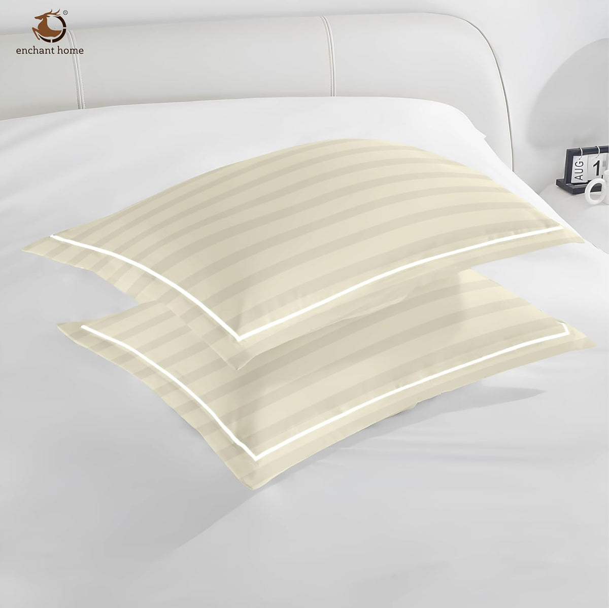 Pure Cotton 300 TC Striped Pillow Cover Set - Ivory